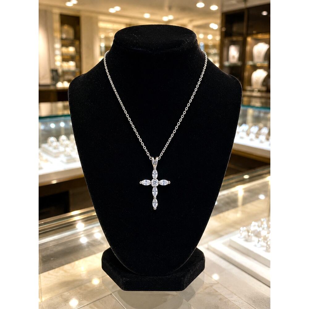 Vintage Marquise Cut Cross Pendant Necklace Silver Tone Clear CZ Rhinestone
